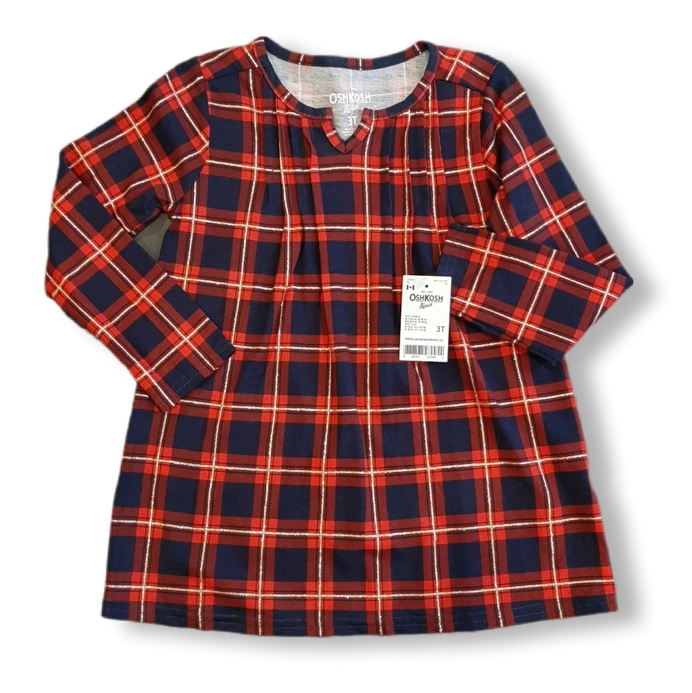 NEW Oshkosh Plaid Top Size 3T Long Sleeve Red Metallic Pleated Christmas Tunic
